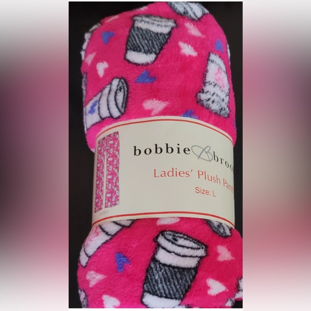 Bobbi Brooks Ladies Pink Plush Pants Coffee Cups Cute Soft Snuggly Size Large
